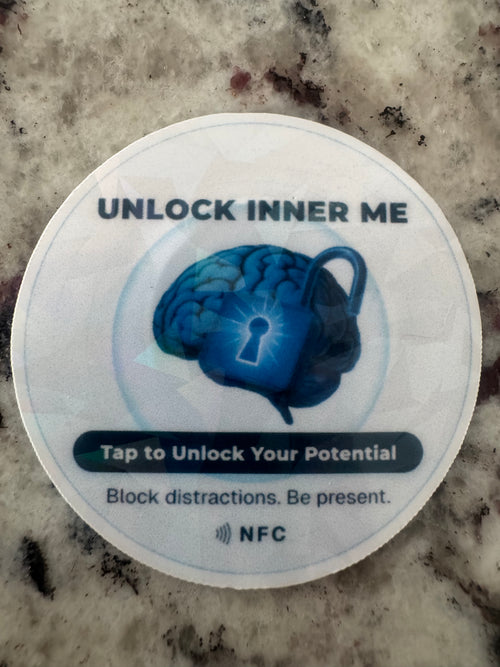 A round holographic NFC sticker. The sticker features a blue brain and padlock graphic with the text 'UNLOCK INNER ME', 'Tap to Unlock Your Potential', and 'NFC' printed at the bottom.